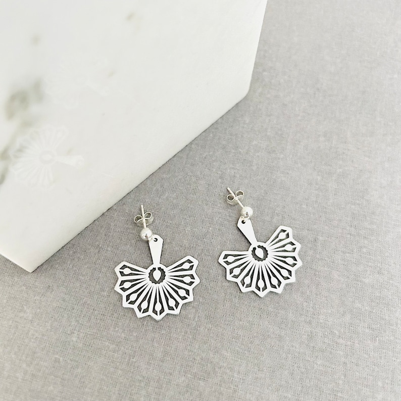 Dainty Sterling Silver Fan Drop Earrings, 925 Silver Image 2