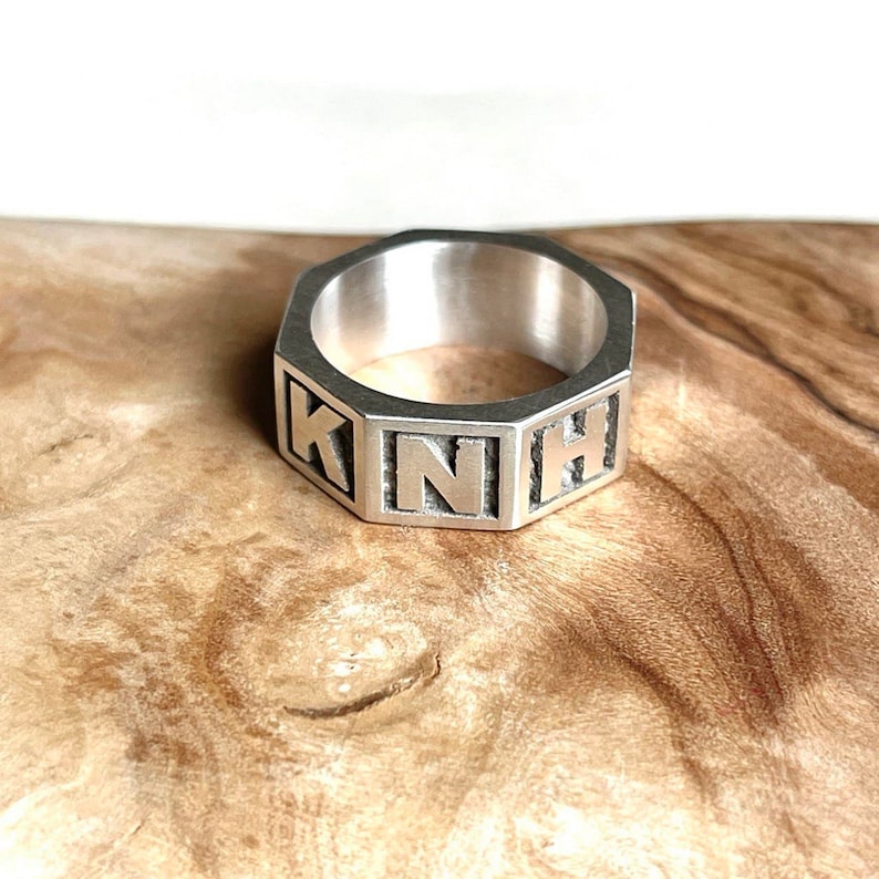 Personalized Solid Sterling Silver Name Ring, Octagonal Initial Ring Image 4