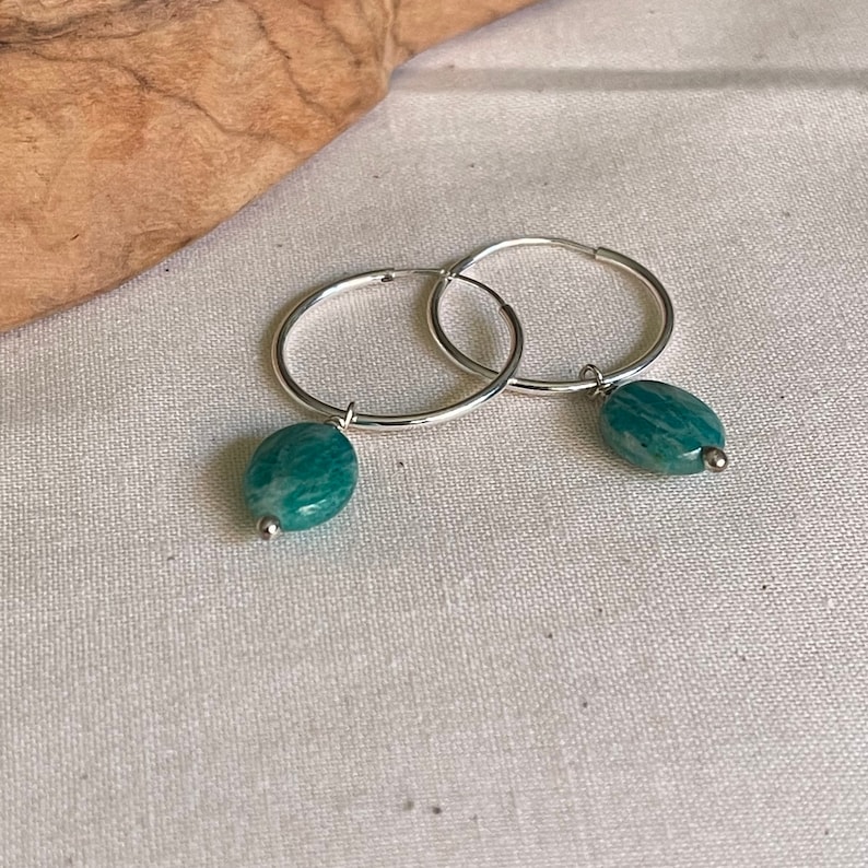 Sterling Silver Jade Hoop Earrings, Dangle Gemstone Earrings Image 1