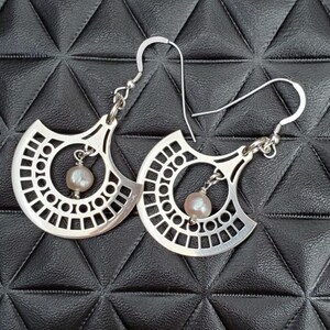 Geometric Earrings In Sterling Silver With Fresh Water Pearls, Durable, Gift image 4