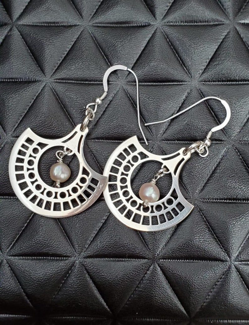 Geometric Earrings In Sterling Silver With Fresh Water Pearls, Durable, Gift image 4