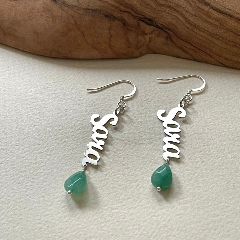 Personalized Sterling Silver Name Earrings with Jade Image 3