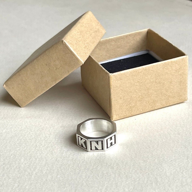 Personalized Solid Sterling Silver Name Ring, Octagonal Initial Ring Image 10