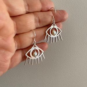 Sterling Silver Devil Eye Earrings | Freshwater Pearl Charm Image 4
