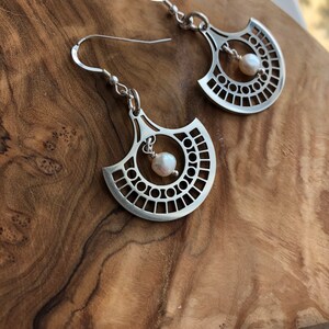Geometric Earrings In Sterling Silver With Fresh Water Pearls, Durable, Gift image 1