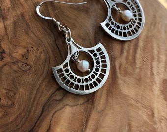 Geometric Earrings In Sterling Silver With Fresh Water Pearls, Durable, Gift