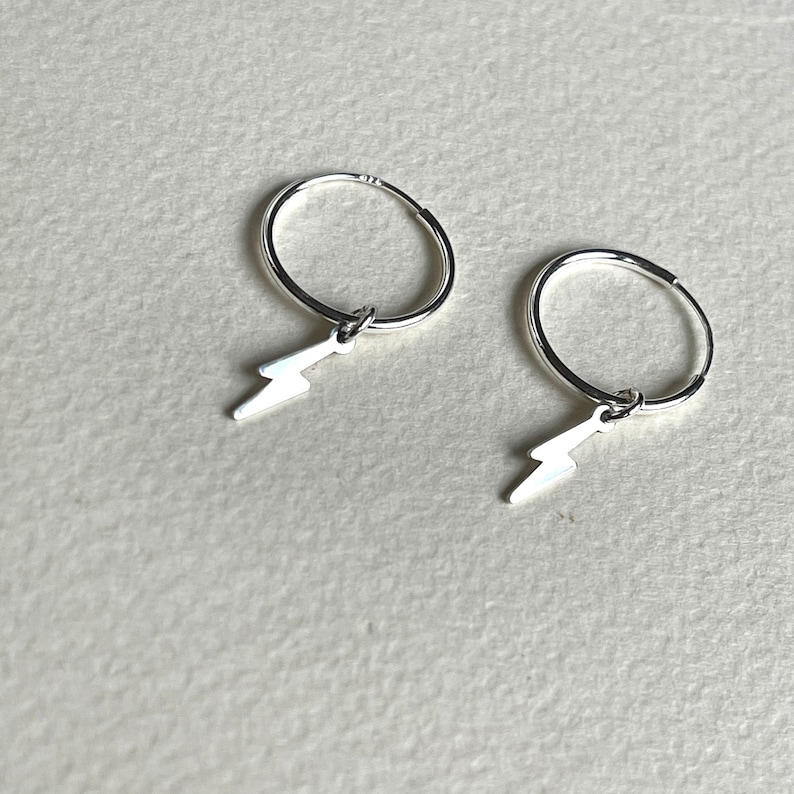 Sterling Silver Lightning Bolt Hoop Earrings, Dainty Everyday Jewelry Image 3
