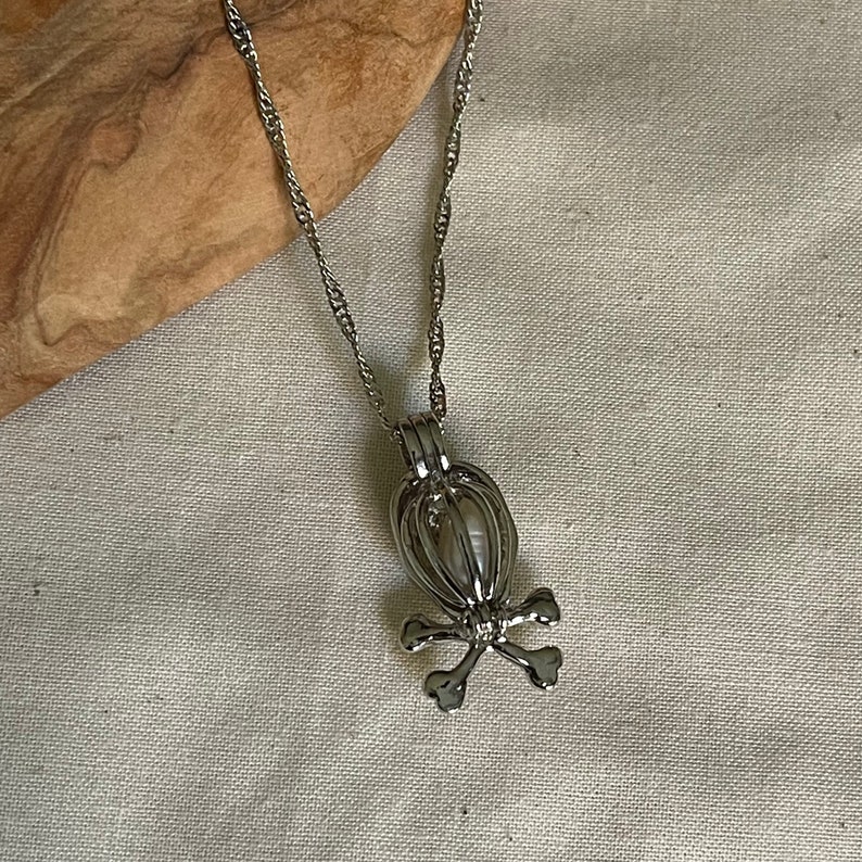 Skull Pearl Cage Pendant, Sterling Silver Necklace, Halloween Gift Image 5