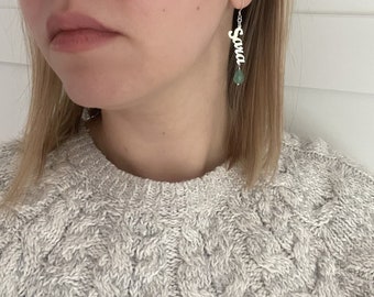 Personalized Sterling Silver Name Earrings with Jade