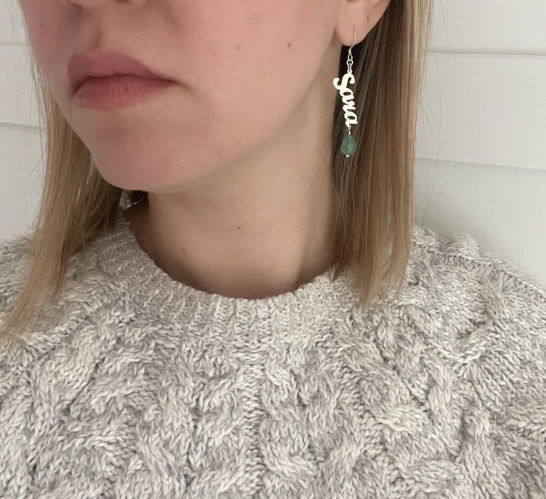 Personalized Sterling Silver Name Earrings with Jade Image 1