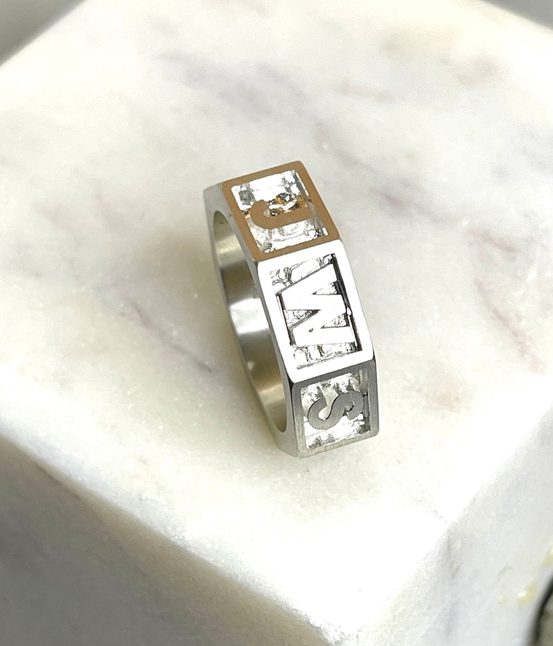 Personalized Solid Sterling Silver Name Ring, Octagonal Initial Ring Image 9