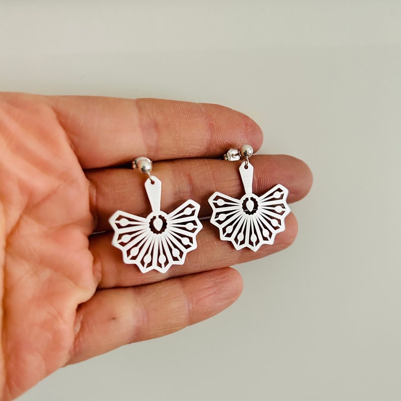 Dainty Sterling Silver Fan Drop Earrings, 925 Silver Image 4