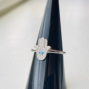 Dainty Sterling Silver Hamsa Ring, Cubic Zirconia, Evil Eye Image 3