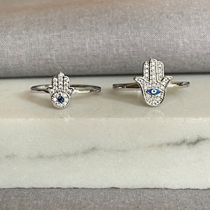 Dainty Sterling Silver Hamsa Ring, Cubic Zirconia, Evil Eye Image 10