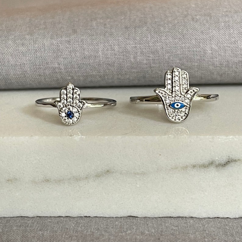 Dainty Sterling Silver Hamsa Ring, Cubic Zirconia, Evil Eye Image 10