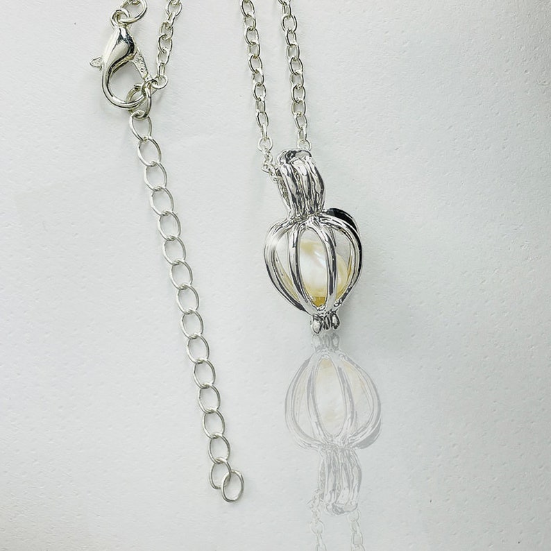 Pearl Cage Pendant  , Necklace Set Silver-tone Heart Cage Locket image 1