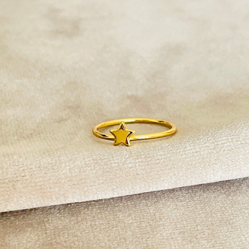 Tiny Gold Star Ring, Sterling Silver Band Image 3