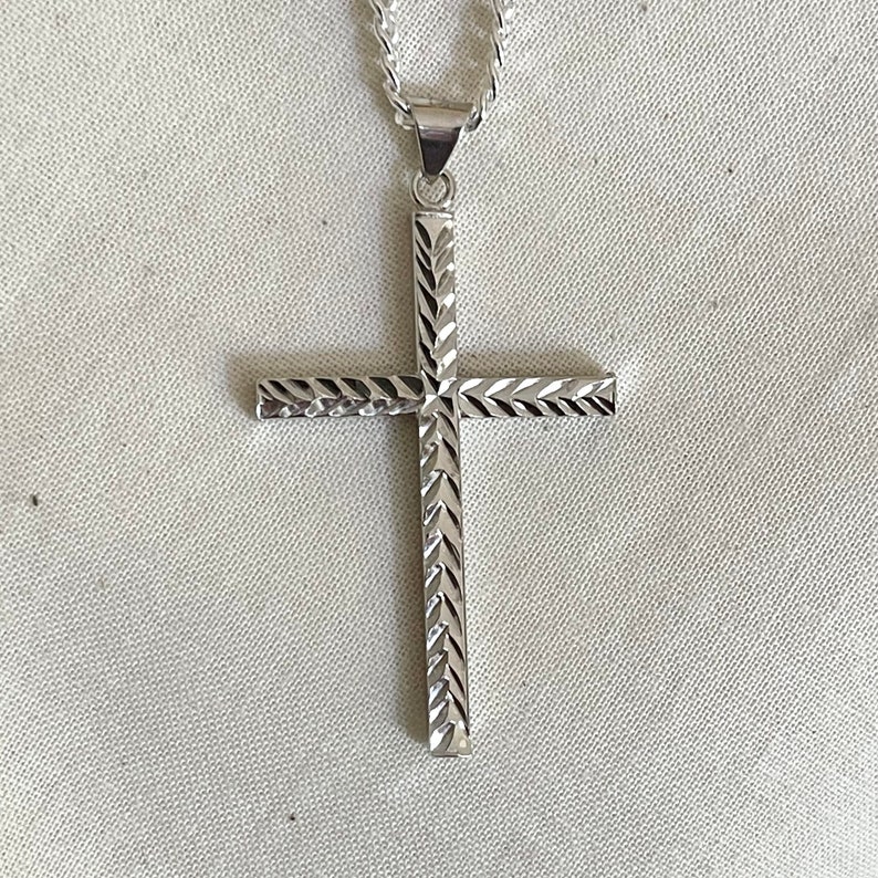 Sterling Silver Cross with Curb Chain, Silver With Diamond Cut Cross Pendant, Men's 925 silver cross Image 6