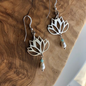 Lotus Sterling Silver Earrings, Freshwater Pearl and Amazonite Dangle Image 6