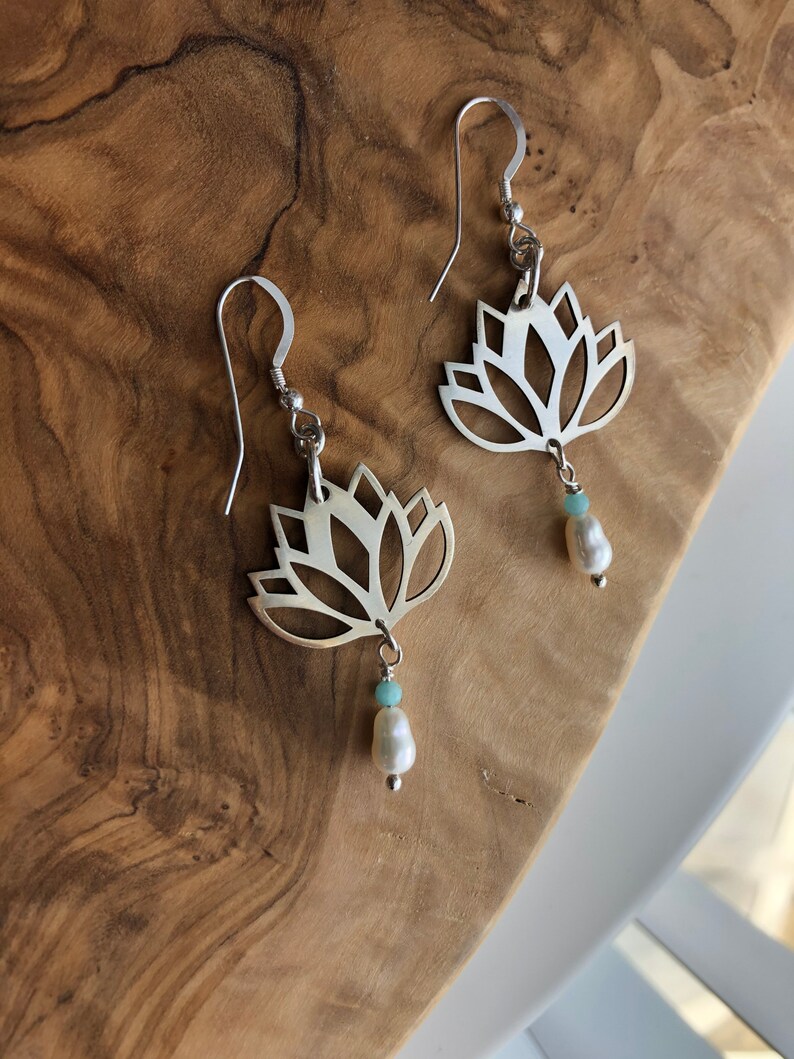 Lotus Sterling Silver Earrings, Freshwater Pearl and Amazonite Dangle Image 6