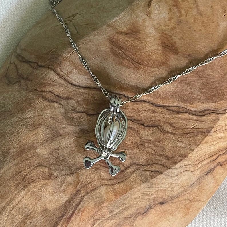 Skull Pearl Cage Pendant, Sterling Silver Necklace, Halloween Gift Image 3
