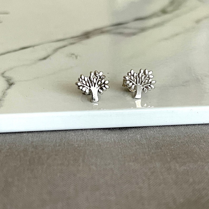 Dainty Sterling silver Tree of Life Stud Earrings, Tree Of Life Earrings In Sterling Silver, Minimal 925 Silver Stud Earrings Image 4