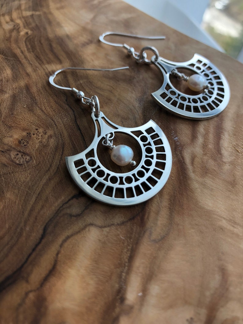 Geometric Earrings In Sterling Silver With Fresh Water Pearls, Durable, Gift image 10