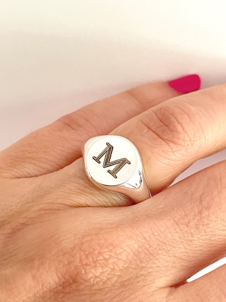 Engraved Sterling Silver Signet Ring, Classic Unisex Design Image 1