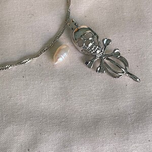 Skull Pearl Cage Pendant, Sterling Silver Necklace, Halloween Gift Image 4