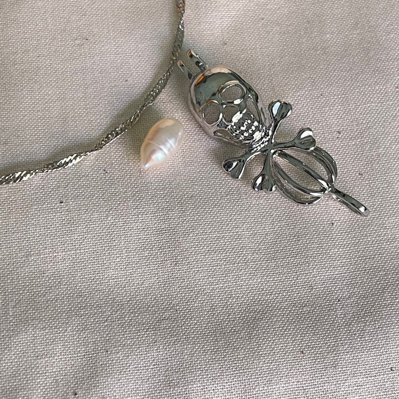Skull Pearl Cage Pendant, Sterling Silver Necklace, Halloween Gift Image 4
