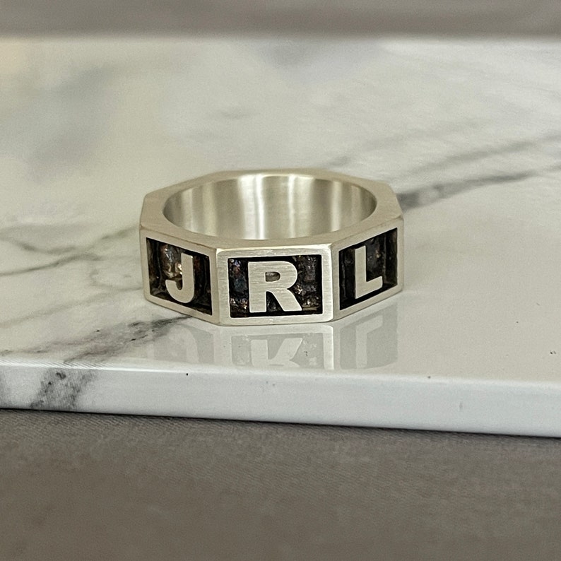 Personalized Solid Sterling Silver Name Ring, Octagonal Initial Ring Image 3