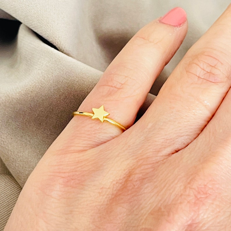 Tiny Gold Star Ring, Sterling Silver Band Image 8