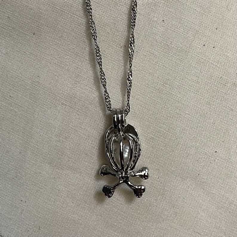Skull Pearl Cage Pendant, Sterling Silver Necklace, Halloween Gift Image 7