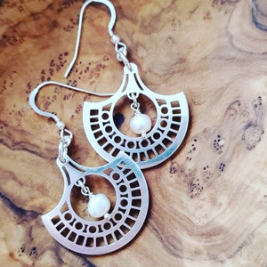 Geometric Earrings In Sterling Silver With Fresh Water Pearls, Durable, Gift image 3
