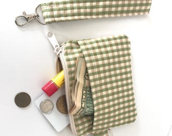 Gingham Wrist Wallet: Beige and green Coin Purse Keychain with ID Holder.