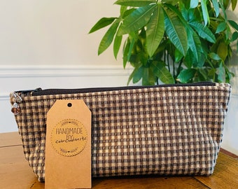 Gingham Brown pencil case, cute pencil holder, Desk organizer, made here in USA, odor free ready to use, Handmade brown plaid bag