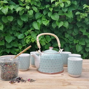 Ceramic teapot set, tea infuser, tea cups, herbal tea, loose leaf tea, afternoon tea, birthday gift, wellbeing, green pattern.