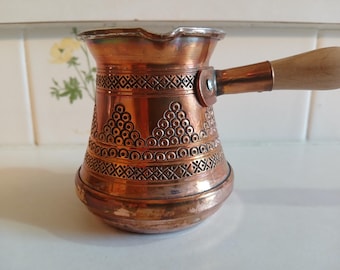 Beautiful Hand-Made Copper Turkish Coffee Cezve With Wooden Handle Large  Size approx. 8.5 oz.