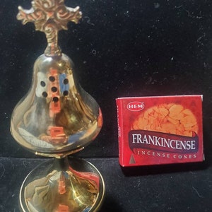 Cross Solid Brass Resin Incense Burner with Hinged Lid - Plus a FREE Box of Cone Incense by HEM