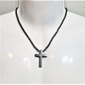 Hematite Cross Pendant Necklace (Unisex, Hematite Necklace, Beaded Necklace, Hematite Jewelry)