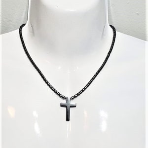 Hematite Cross Pendant Necklace (Unisex, Hematite Necklace, Beaded Necklace, Hematite Jewelry)