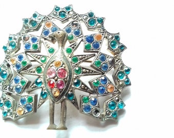 Vintage Peacock brooch pin, peacock jewellery 1920s peacock brooch, coloured lass stone silver deco jewellery, bird jewellery, silver deco
