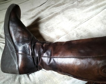 Vintage leather boots, size 6, brown leather boots, knee high boots, soft brown leather, wedge heel boots, 1980s boots, vintage boots,