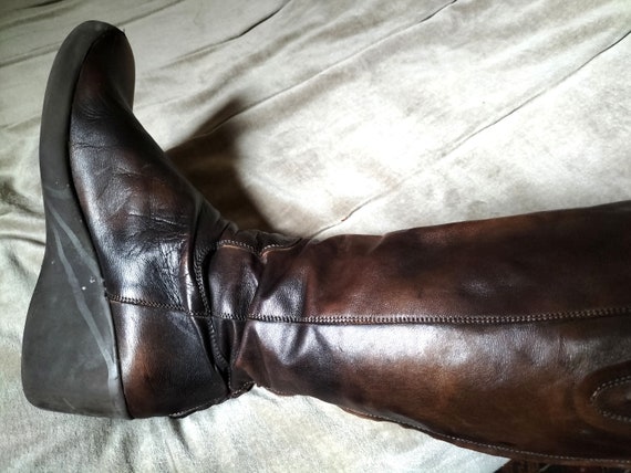 Vintage leather boots, size 6, brown leather boots, knee high boots, soft brown leather, wedge heel boots, 1980s boots, vintage boots,
