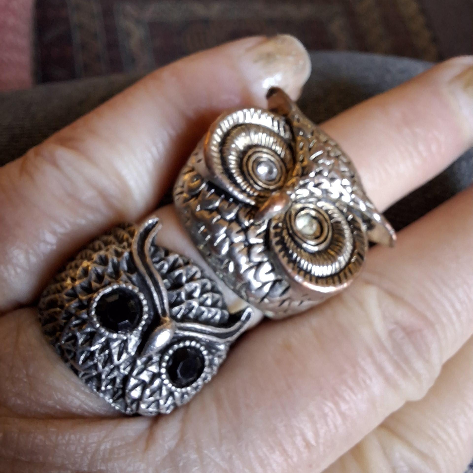 Two owl rings, chunky rings, vintage 1970s, retro jewellery, retro rings, rhinestone eyes, owl jewel