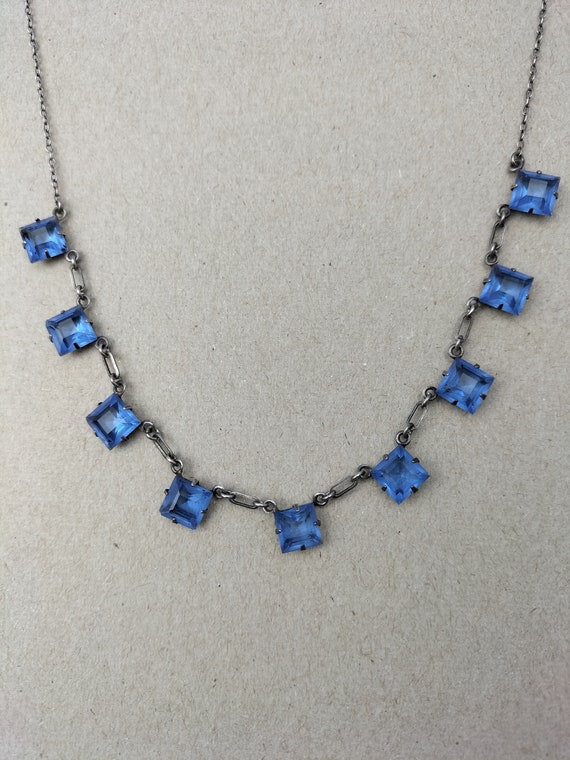 Art deco necklace, Czech glass, cornflower blue, … - image 7