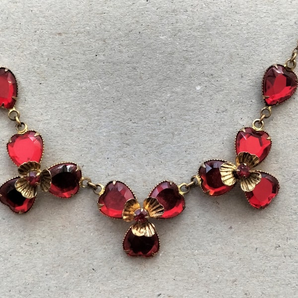 Vauxhall glass, art deco original, cherry red, antique necklace, 1920s necklace, antique jewellery, art deco earrings, flower jewellery,