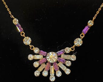 Antique Art Deco Czech Glass Necklace, Purple Rhinestone Sunburst