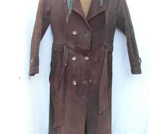 Vintage 1960s long suede coat,  womens vintage suede coat, vintage leather coat long brown coat, tie belt suede coat, brown vintage coat
