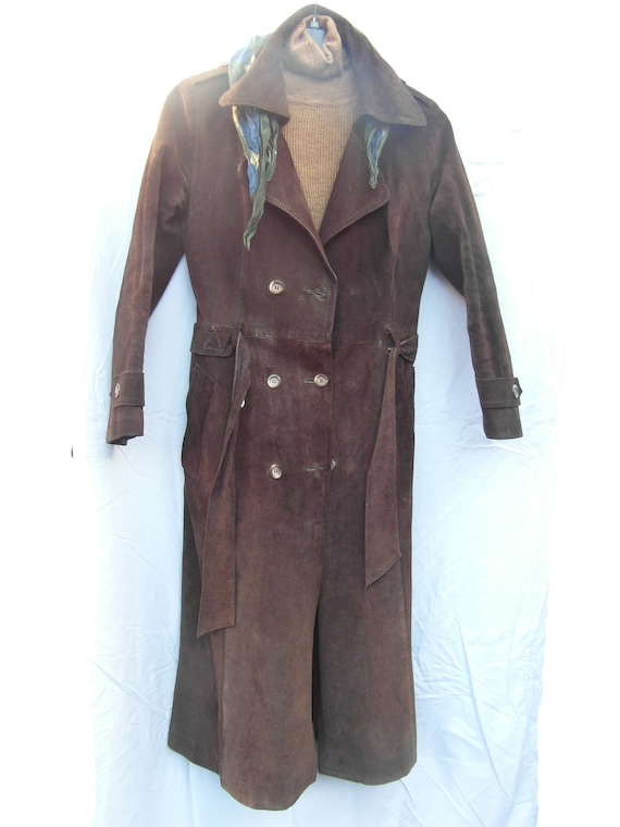 Vintage 1960s long suede coat,  womens vintage suede coat, vintage leather coat long brown coat, tie belt suede coat, brown vintage coat